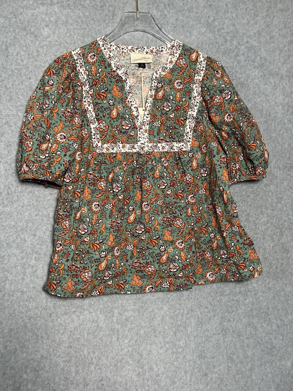 Universal Thread Women’s XS Green Floral Blouse Cotton Linen Puff Sleeve NWT